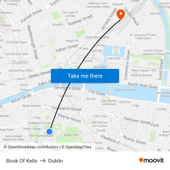Book Of Kells to Dublin map