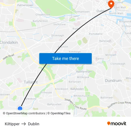 Kiltipper to Dublin map