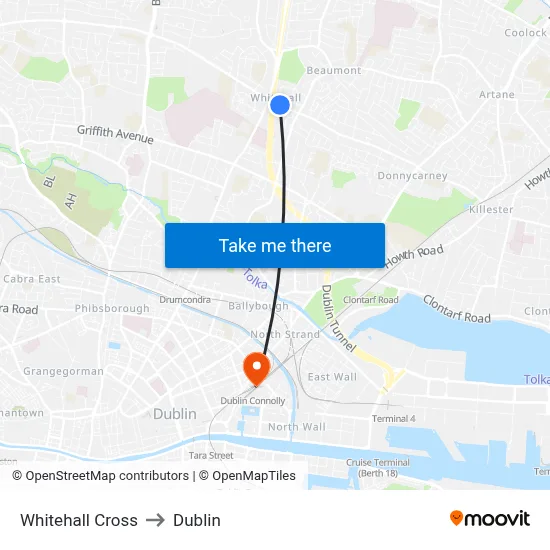 Whitehall Cross to Dublin map
