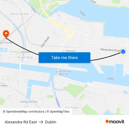 Alexandra Rd East to Dublin map