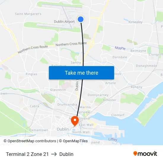 Terminal 2 Zone 21 to Dublin map