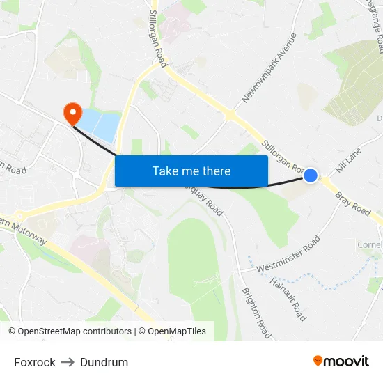 Foxrock to Dundrum map