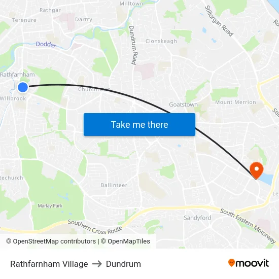 Rathfarnham Village to Dundrum map