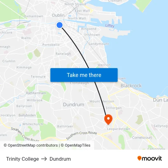 Trinity College to Dundrum map