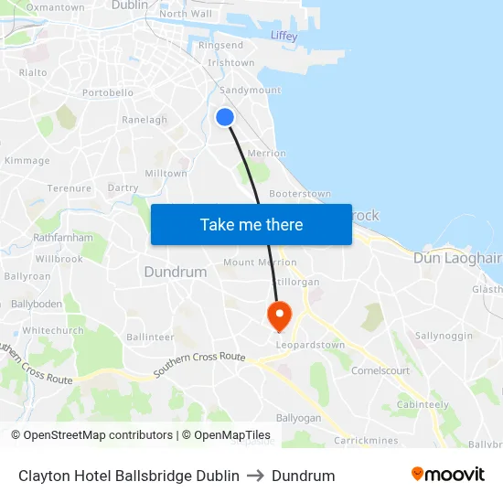 Clayton Hotel Ballsbridge Dublin to Dundrum map
