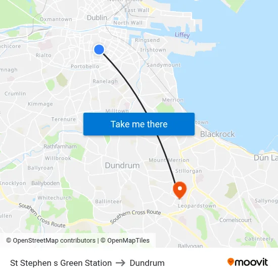 St Stephen s Green Station to Dundrum map