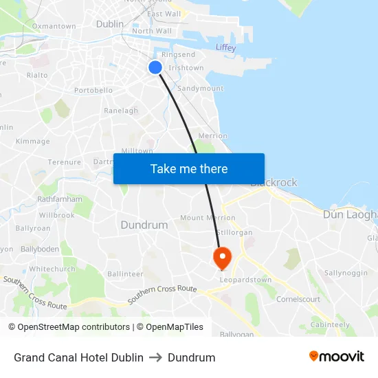 Grand Canal Hotel Dublin to Dundrum map