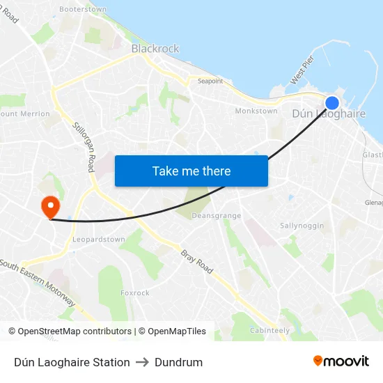 Dún Laoghaire Station to Dundrum map