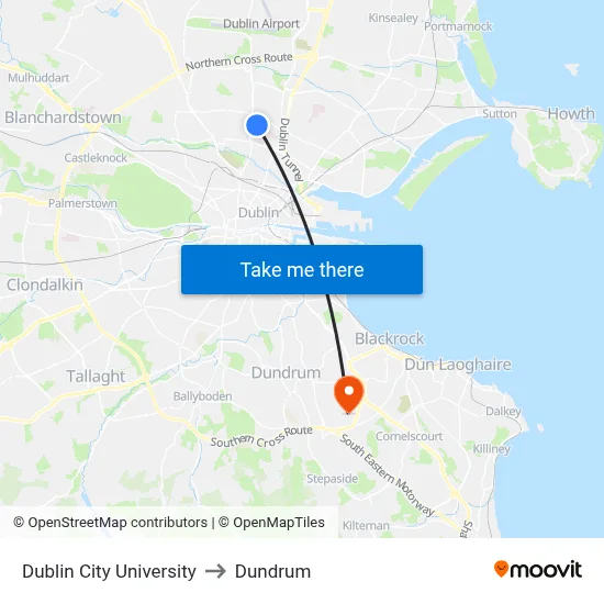 Dublin City University to Dundrum map