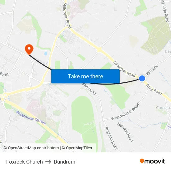 Foxrock Church to Dundrum map
