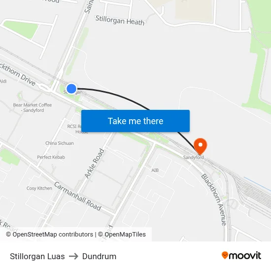 Stillorgan Luas to Dundrum map