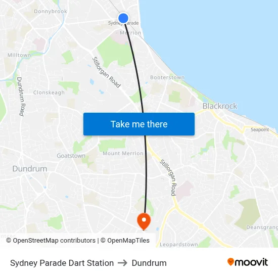 Sydney Parade Dart Station to Dundrum map
