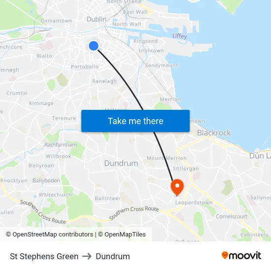 St Stephens Green to Dundrum map