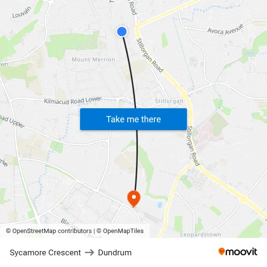 Sycamore Crescent to Dundrum map