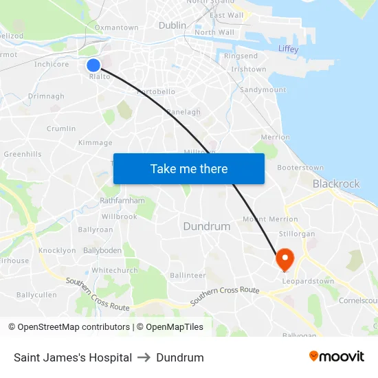 Saint James's Hospital to Dundrum map