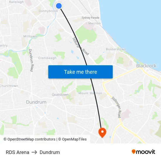 RDS Arena to Dundrum map