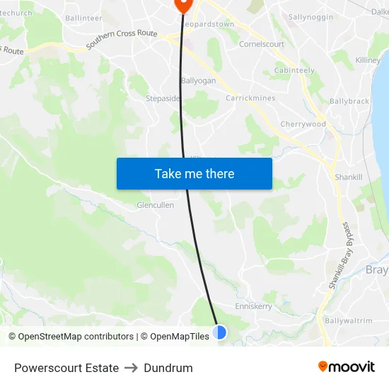 Powerscourt Estate to Dundrum map