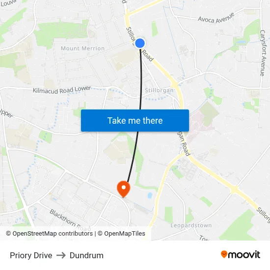Priory Drive to Dundrum map