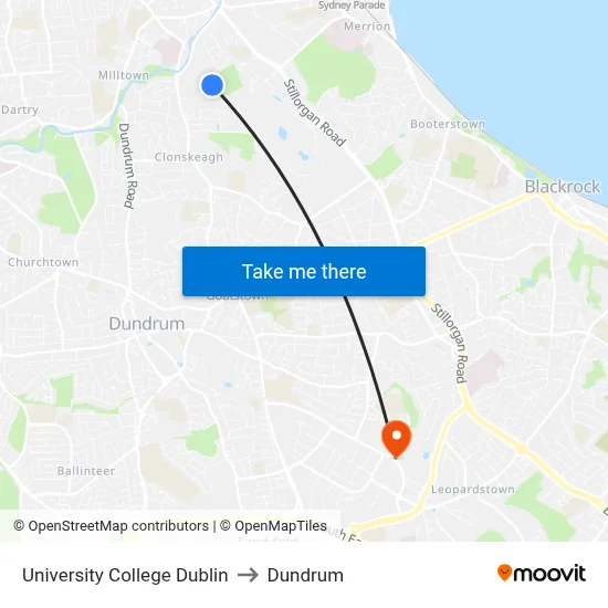 University College Dublin to Dundrum map