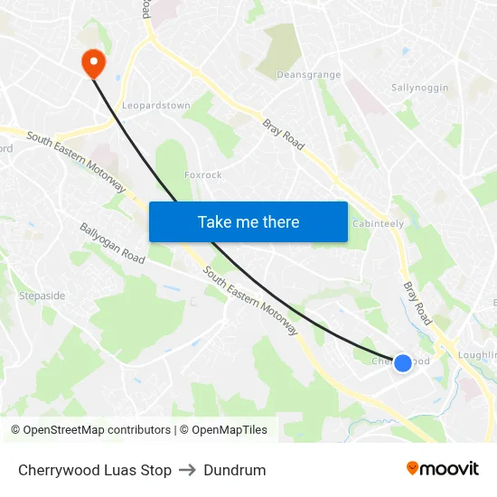 Cherrywood Luas Stop to Dundrum map