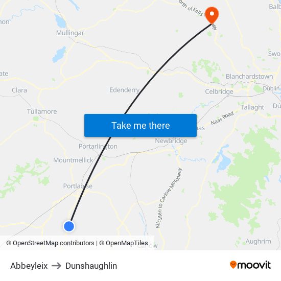 Abbeyleix to Dunshaughlin map