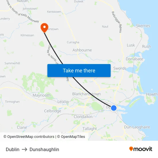 Dublin to Dunshaughlin map