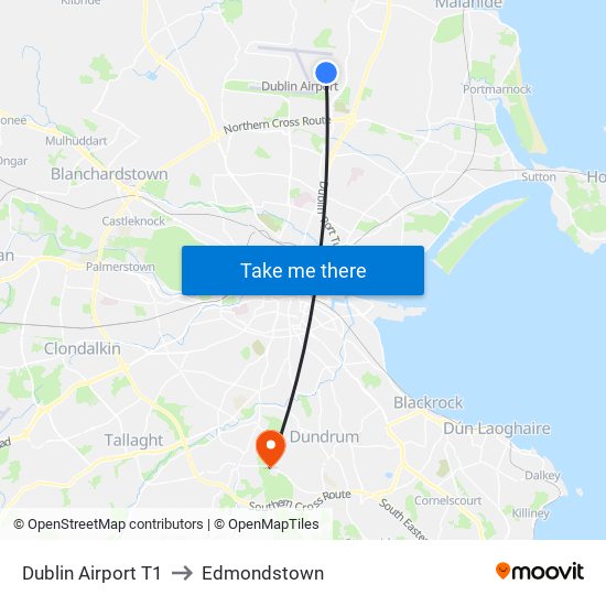 Dublin Airport T1 to Edmondstown map