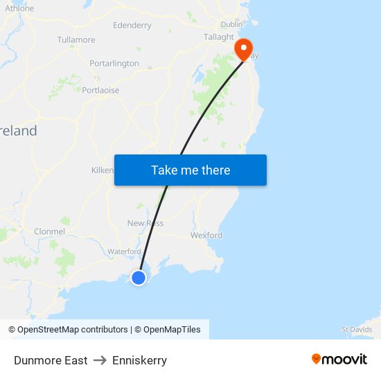 Dunmore East to Enniskerry map