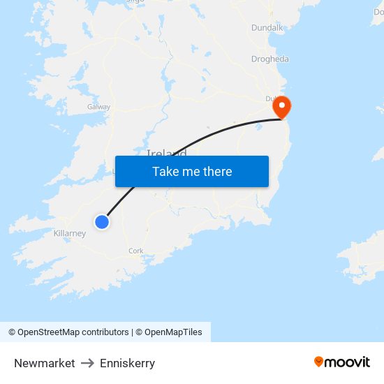 Newmarket to Enniskerry map