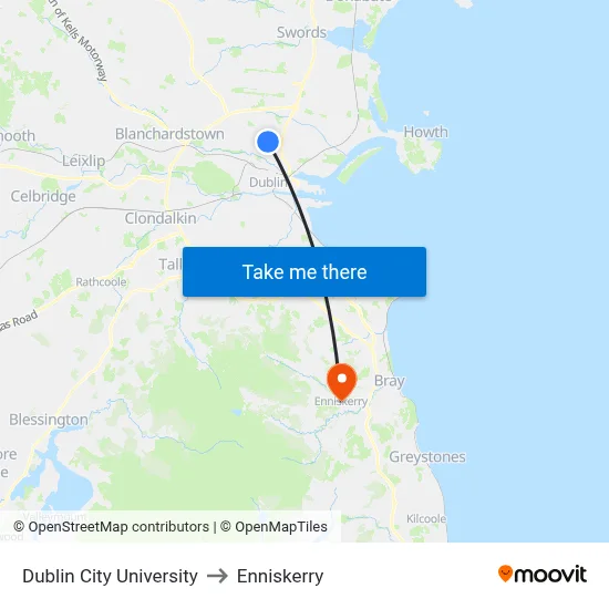 Dublin City University to Enniskerry map
