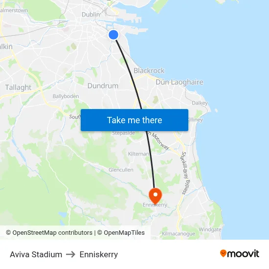 Aviva Stadium to Enniskerry map