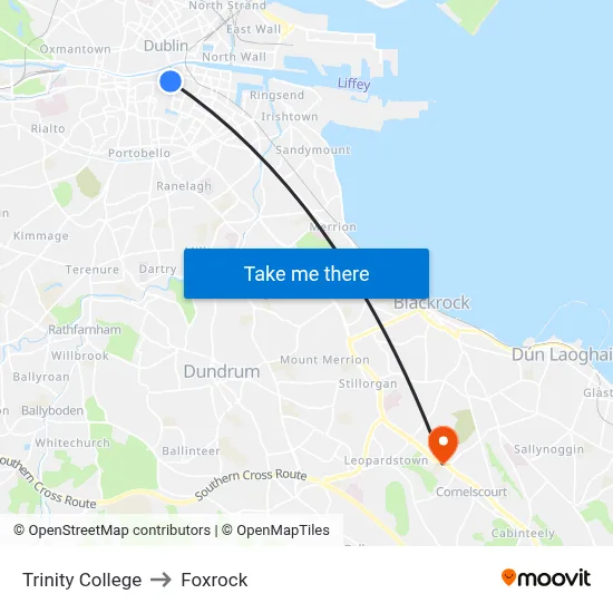 Trinity College to Foxrock map