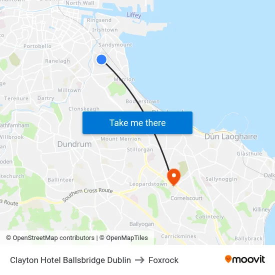 Clayton Hotel Ballsbridge Dublin to Foxrock map