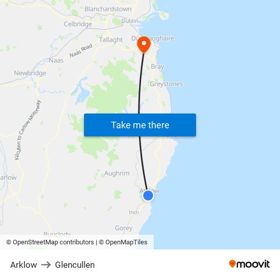 Arklow to Glencullen map