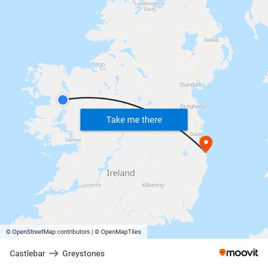 Castlebar to Greystones map