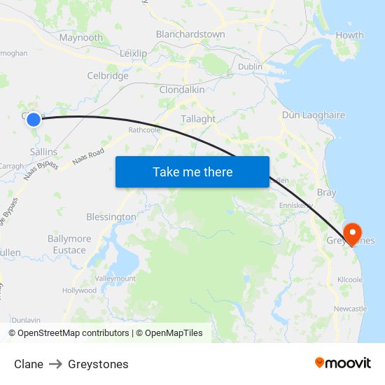 Clane to Greystones map