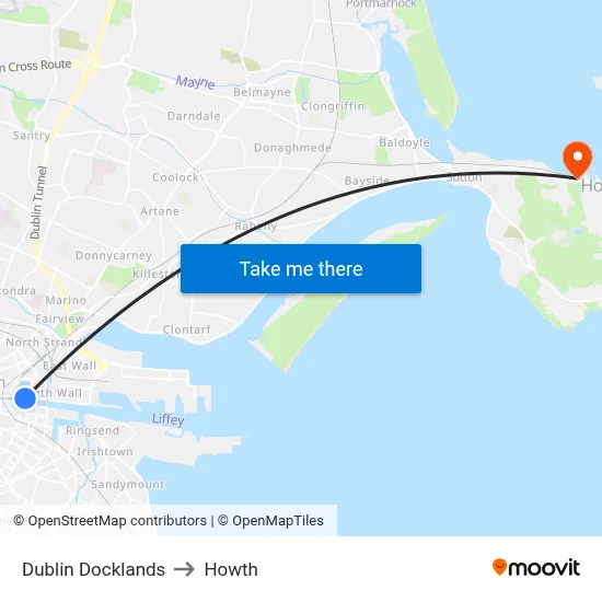 Dublin Docklands to Howth map