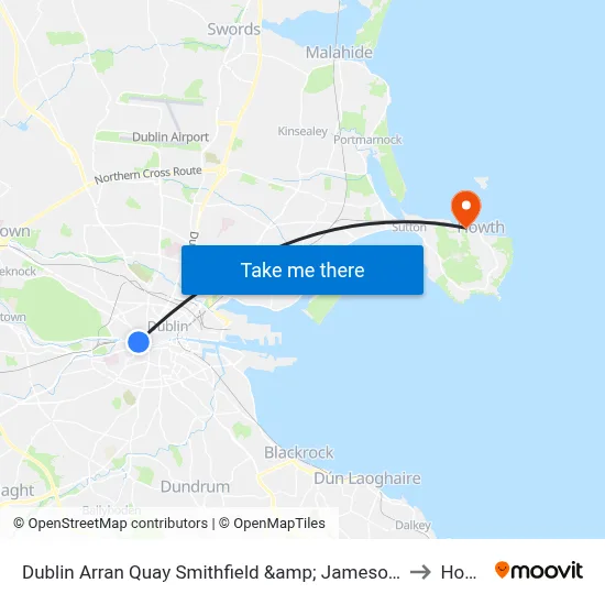 Dublin Arran Quay Smithfield &amp; Jameson Distillery to Howth map