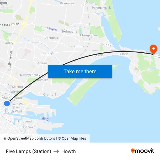 Five Lamps (Station) to Howth map