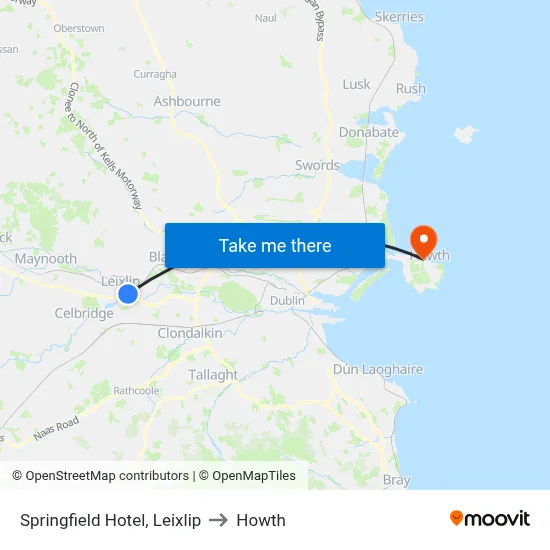 Springfield Hotel, Leixlip to Howth map