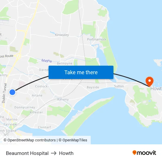 Beaumont Hospital to Howth map
