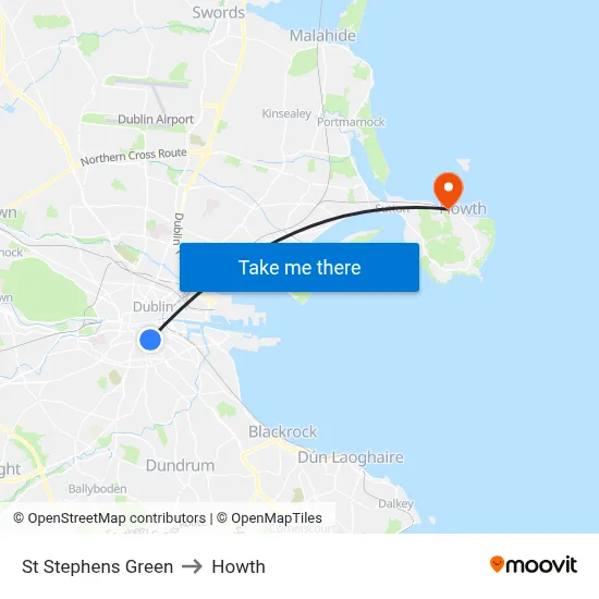 St Stephens Green to Howth map