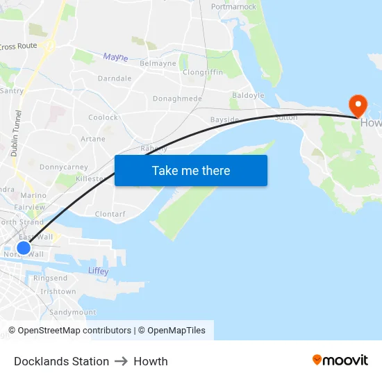 Docklands Station to Howth map