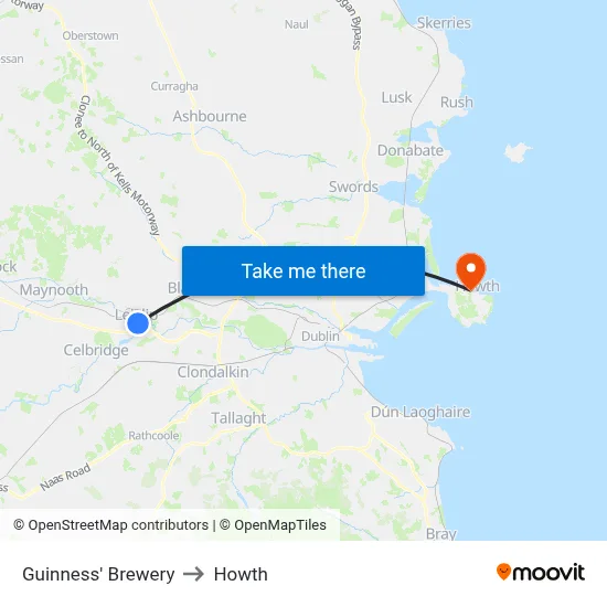 Guinness' Brewery to Howth map