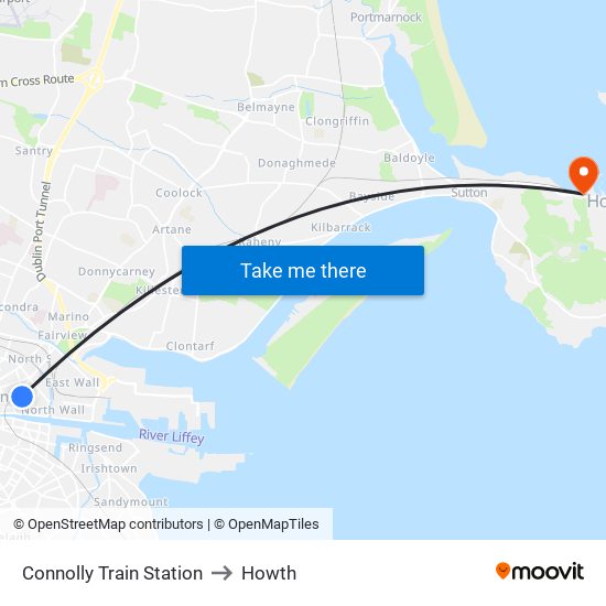 Connolly Train Station to Howth map