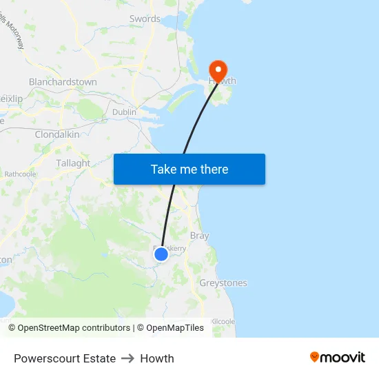 Powerscourt Estate to Howth map