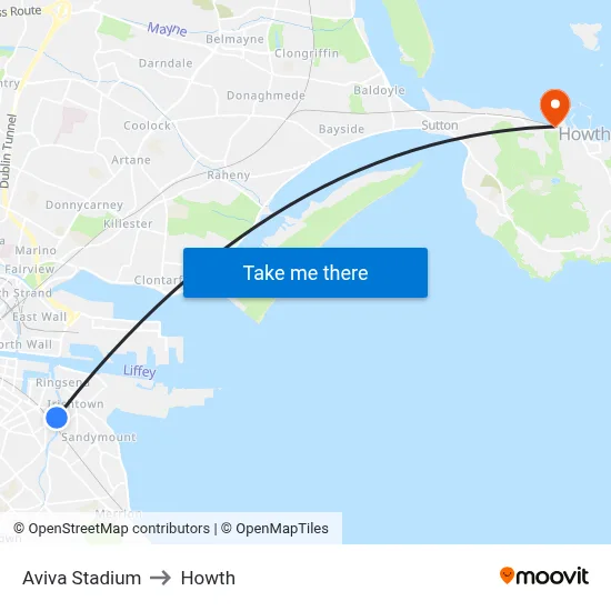 Aviva Stadium to Howth map