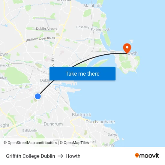 Griffith College Dublin to Howth map
