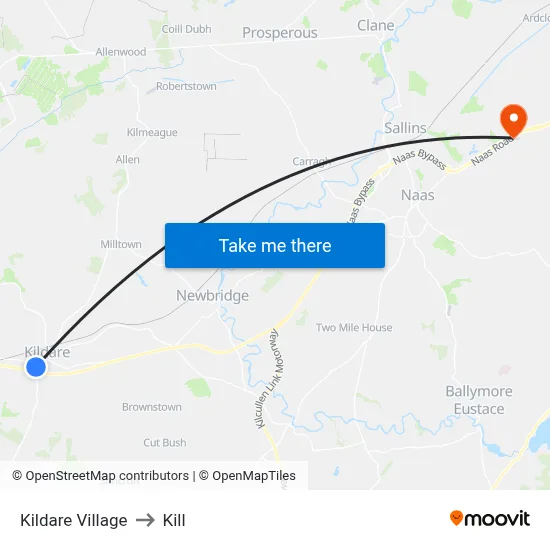 Kildare Village to Kill map
