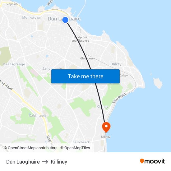 Dún Laoghaire to Killiney map